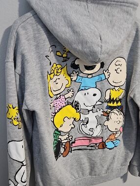 Peanuts Gray Hoodie with Black Drawstrings and Yellow Woodstock Sleeve